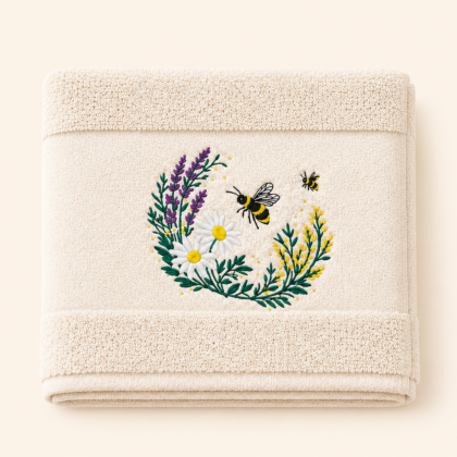 Handdoek Beige met bloemetjes en bijtjes